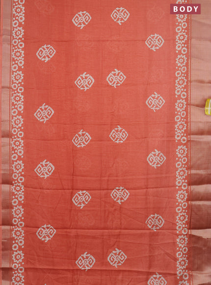 Semi dola saree peach orange with batik butta prints and zari woven border
