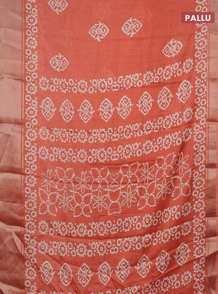 Semi dola saree peach orange with batik butta prints and zari woven border