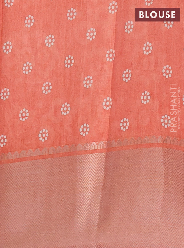 Semi dola saree peach orange with batik butta prints and zari woven border