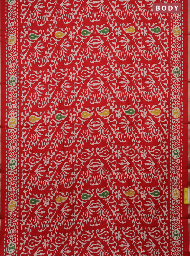 Semi dola saree red with allover batik prints and zari woven border