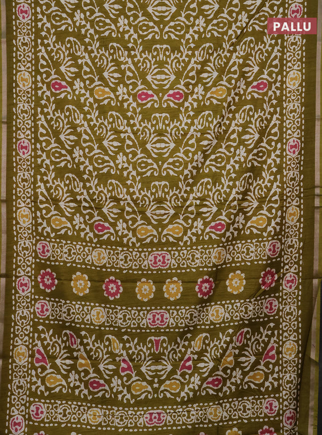 Semi dola saree mehendi green with allover batik prints and zari woven border