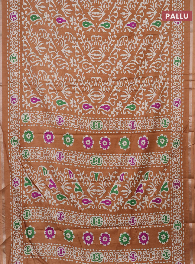 Semi dola saree pastel brown with allover batik prints and zari woven border