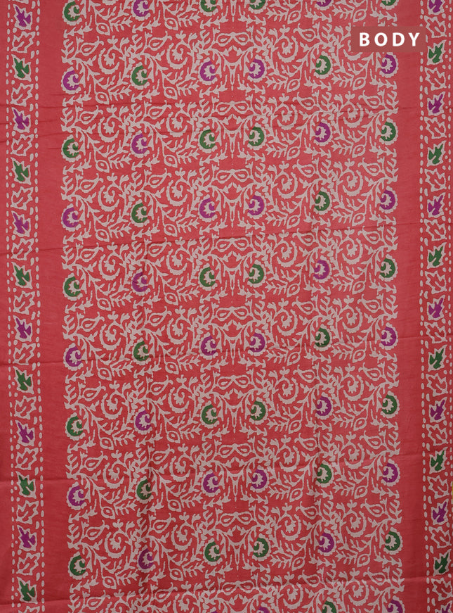 Semi dola saree peach shade with allover batik prints and zari woven border