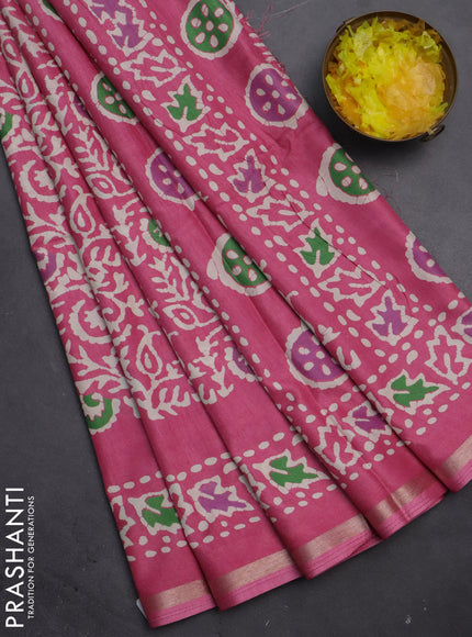 Semi dola saree light pink with allover batik prints and zari woven border
