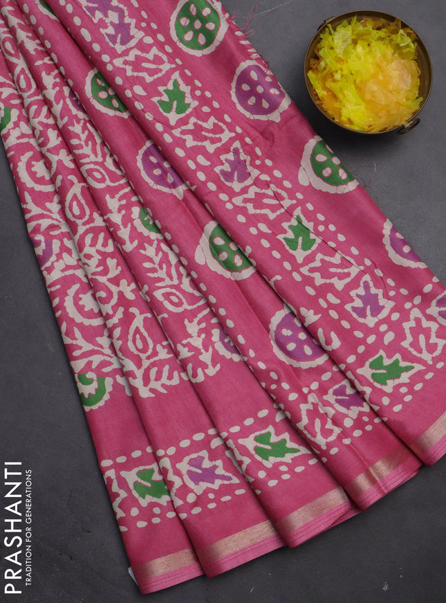 Semi dola saree light pink with allover batik prints and zari woven border