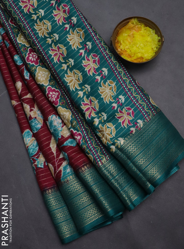 Semi dola saree maroon and peacock blue with allover zari weaves & floral prints and zari woven border