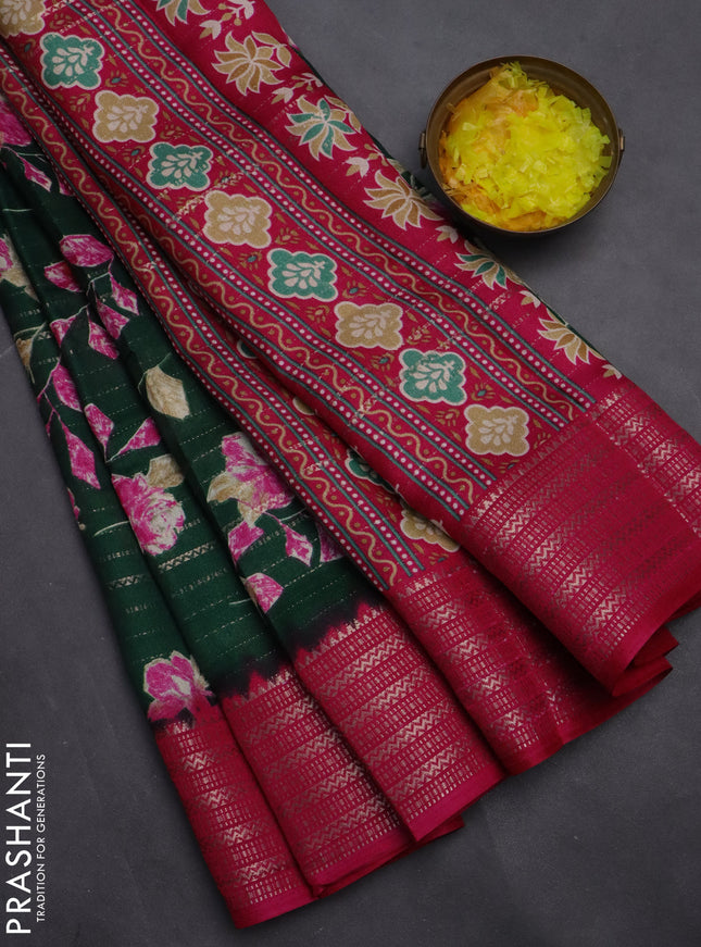 Semi dola saree dark green and pink with allover zari weaves & floral prints and zari woven border