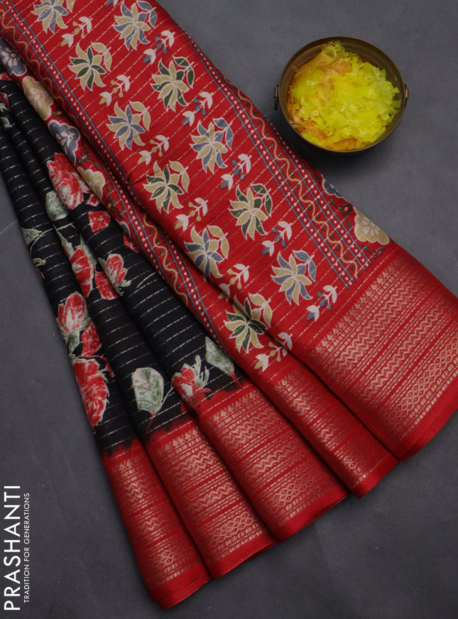 Semi dola saree black and red with allover zari weaves & floral prints and zari woven border