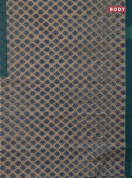 Kota doria saree beige and teal green shade with allover block prints and printed border