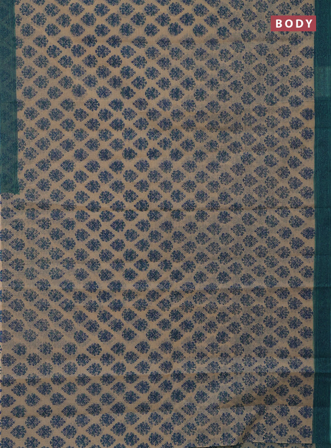 Kota doria saree beige and teal green shade with allover block prints and printed border
