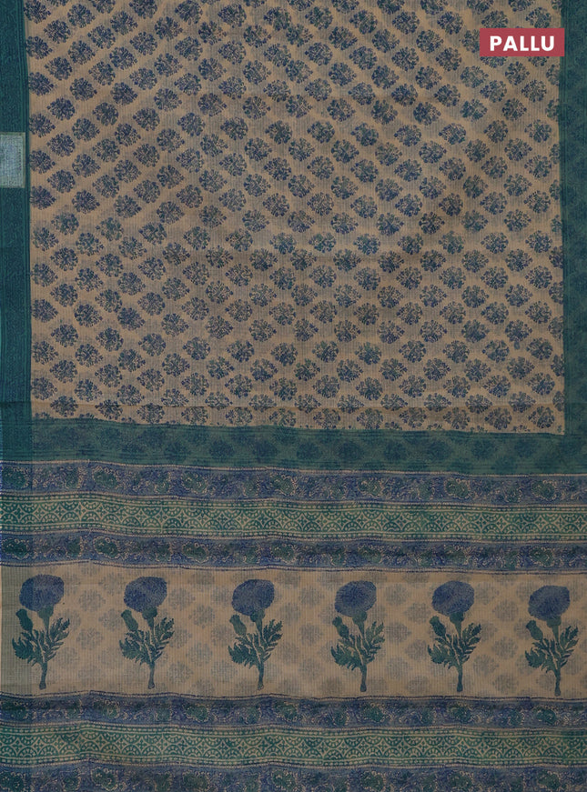 Kota doria saree beige and teal green shade with allover block prints and printed border