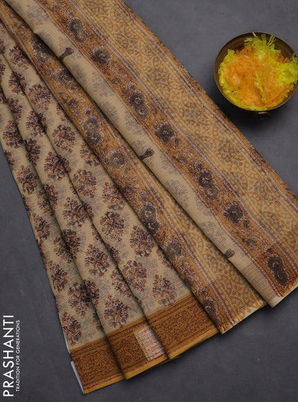 Kota doria saree beige and dark mustard with allover block prints and printed border