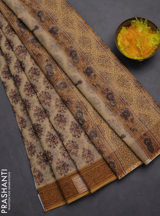 Kota doria saree beige and dark mustard with allover block prints and printed border