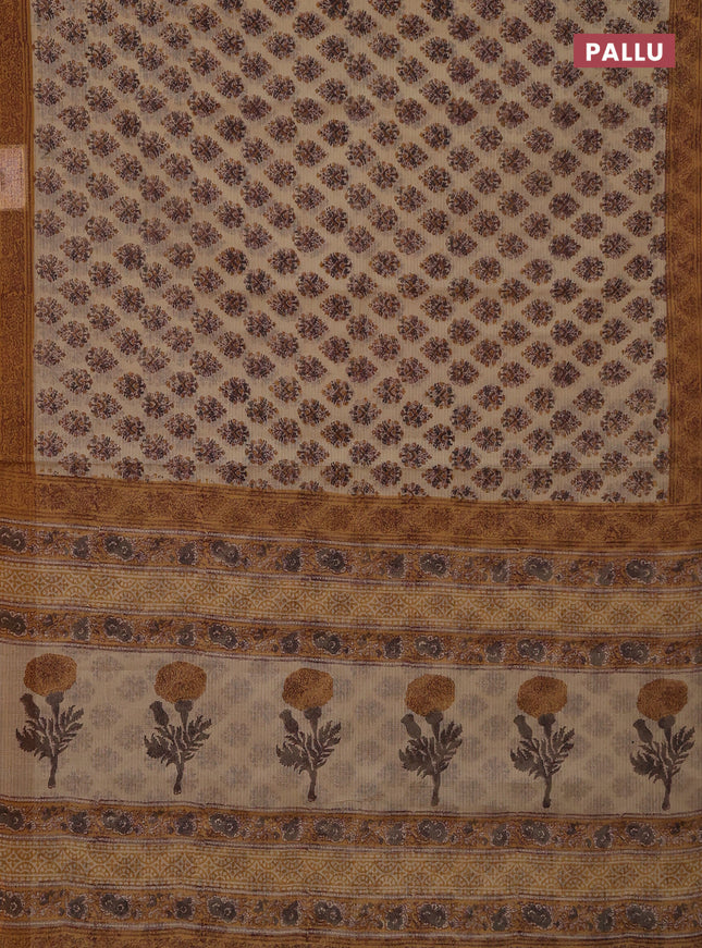 Kota doria saree beige and dark mustard with allover block prints and printed border
