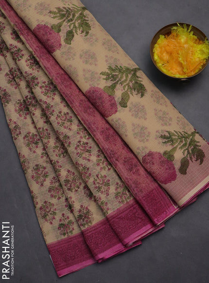 Kota doria saree beige and pink with allover block prints and printed border