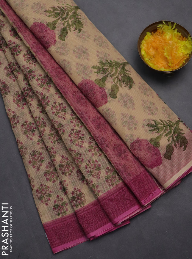 Kota doria saree beige and pink with allover block prints and printed border