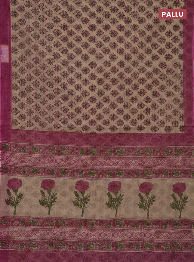 Kota doria saree beige and pink with allover block prints and printed border