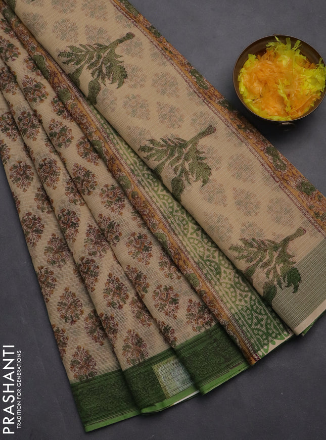 Kota doria saree beige and green with allover block prints and printed border