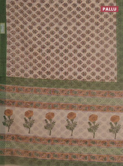 Kota doria saree beige and green with allover block prints and printed border