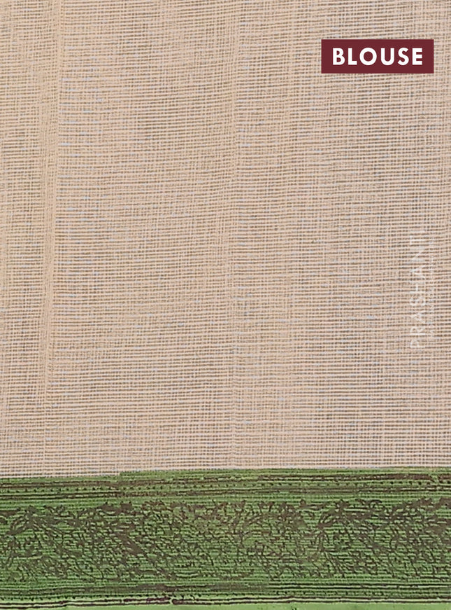 Kota doria saree beige and green with allover block prints and printed border