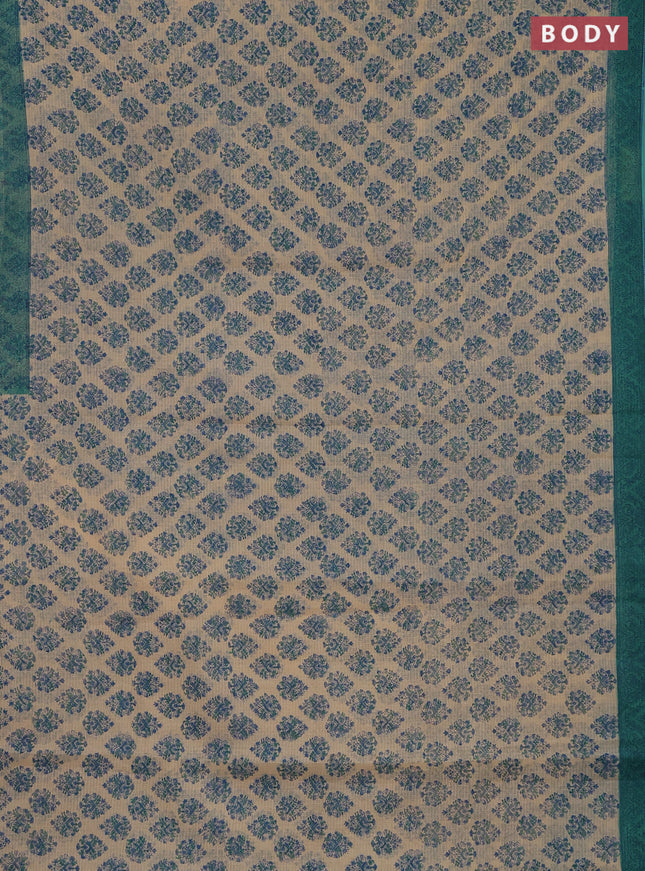Kota doria saree beige and teal green shade with allover block prints and printed border