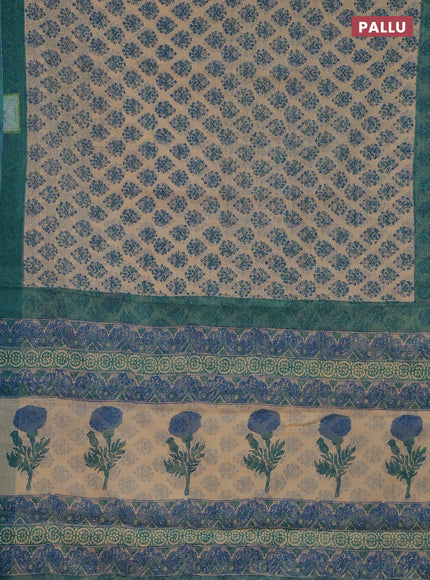 Kota doria saree beige and teal green shade with allover block prints and printed border