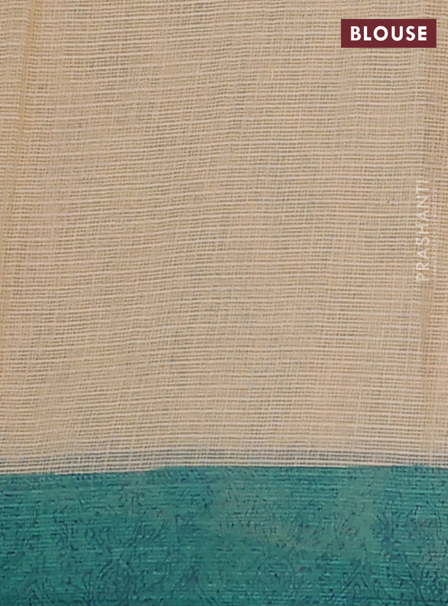 Kota doria saree beige and teal green shade with allover block prints and printed border