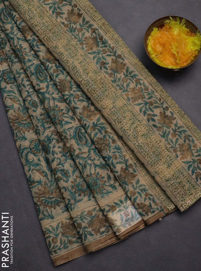 Kota doria saree beige teal green and dark sandal with allover block prints and printed border