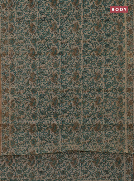 Kota doria saree beige teal green and dark sandal with allover block prints and printed border