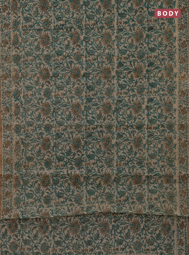 Kota doria saree beige teal green and dark sandal with allover block prints and printed border