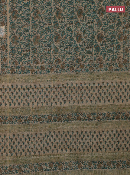 Kota doria saree beige teal green and dark sandal with allover block prints and printed border