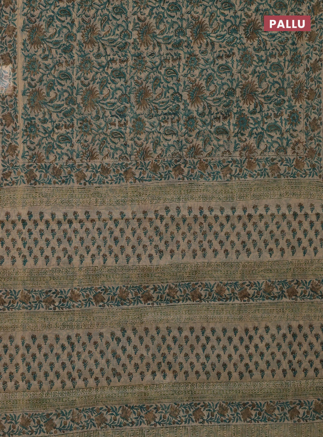 Kota doria saree beige teal green and dark sandal with allover block prints and printed border