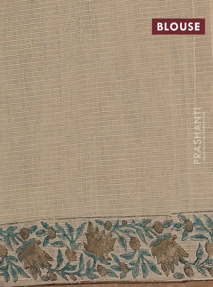 Kota doria saree beige teal green and dark sandal with allover block prints and printed border