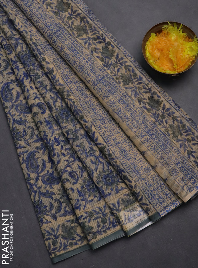 Kota doria saree beige blue and grey with allover block prints and printed border