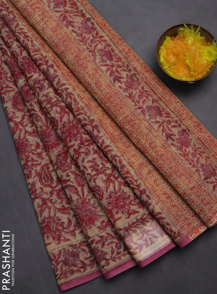 Kota doria saree beige and pink with allover block prints and printed border