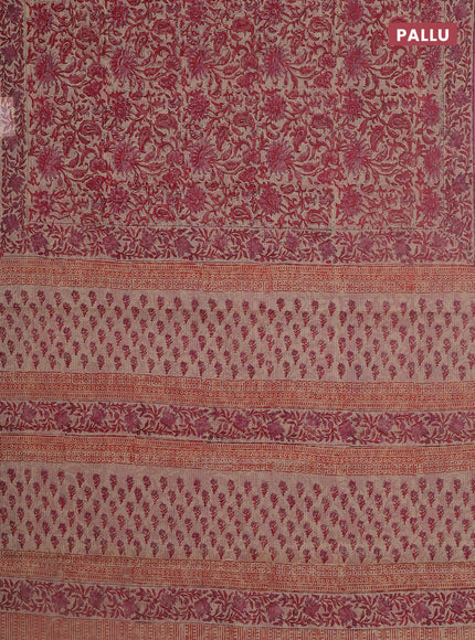 Kota doria saree beige and pink with allover block prints and printed border