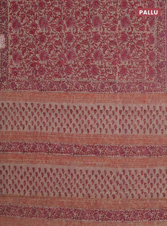 Kota doria saree beige and pink with allover block prints and printed border