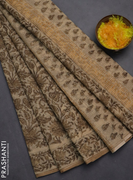 Kota doria saree beige and dark sandal with allover block prints and printed border