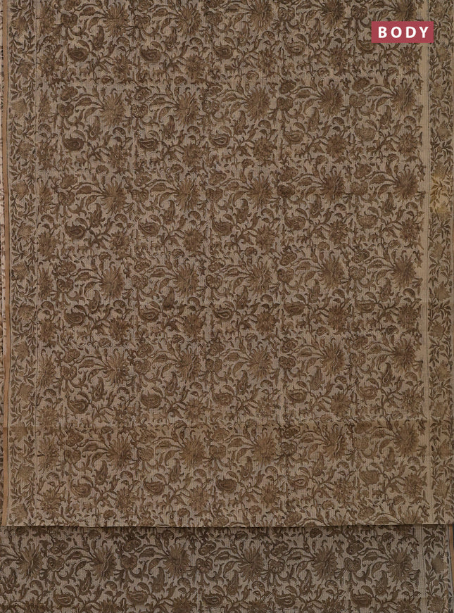 Kota doria saree beige and dark sandal with allover block prints and printed border