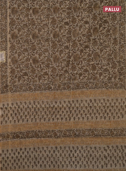 Kota doria saree beige and dark sandal with allover block prints and printed border