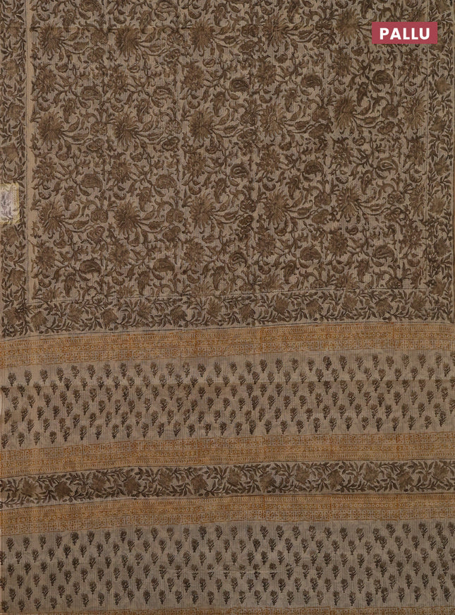 Kota doria saree beige and dark sandal with allover block prints and printed border