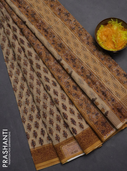 Kota doria saree sandal and dark mustard with allover block prints and printed border