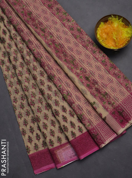 Kota doria saree sandal and pink with allover block prints and printed border