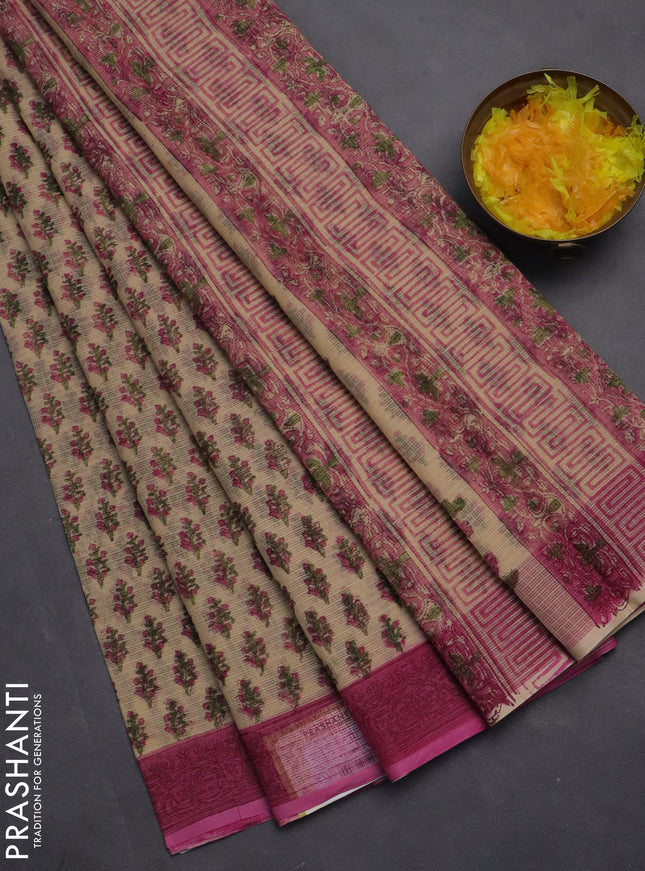 Kota doria saree sandal and pink with allover block prints and printed border