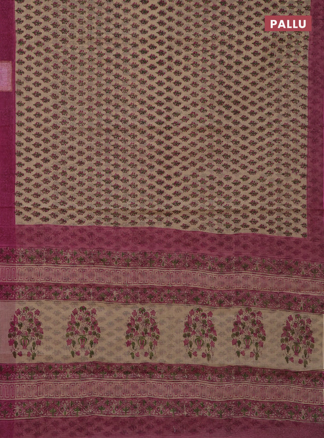 Kota doria saree sandal and pink with allover block prints and printed border