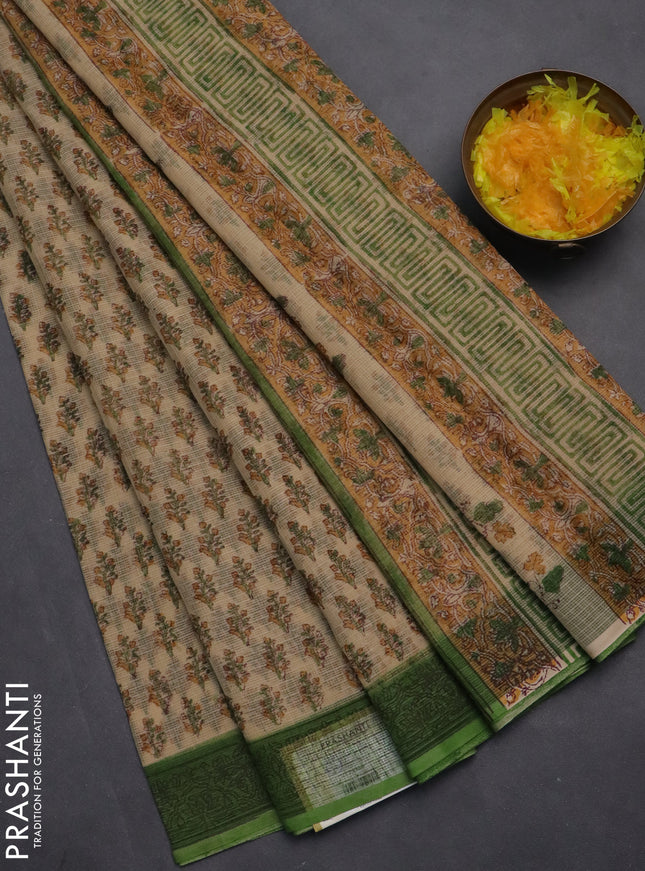 Kota doria saree sandal and green with allover block prints and printed border