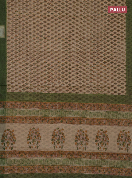 Kota doria saree sandal and green with allover block prints and printed border