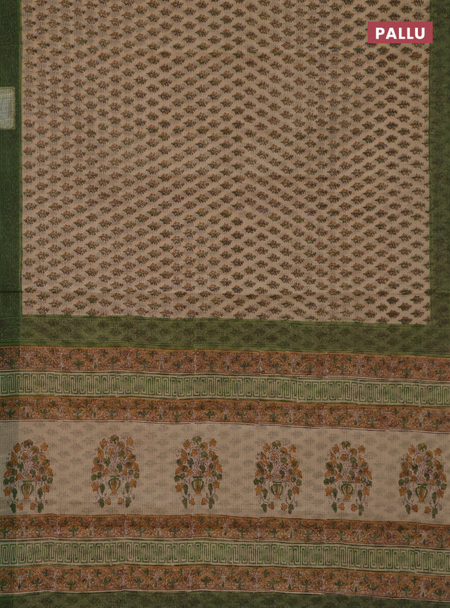 Kota doria saree sandal and green with allover block prints and printed border