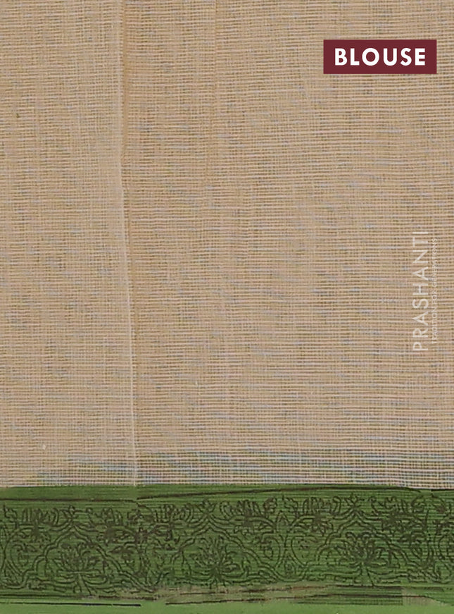 Kota doria saree sandal and green with allover block prints and printed border