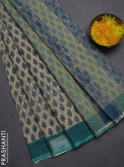 Kota doria saree beige and teal green shade with allover block prints and printed border